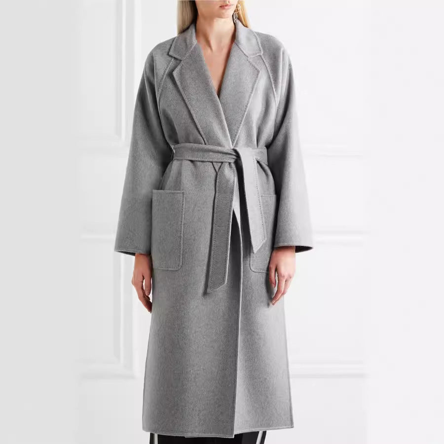 Damen Bodenlanger Offener Wollmix‑Mantel mit entspanntem Revers und fließendem Fall Nord Taschen