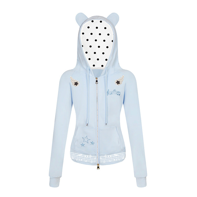 Damen Kapuzen-Sweatjacke mit Bärenohren, Reißverschluss, musikalischem Print und Polka-Lining Nord Taschen