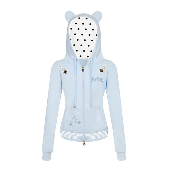 Damen Kapuzen-Sweatjacke mit Bärenohren, Reißverschluss, musikalischem Print und Polka-Lining Nord Taschen