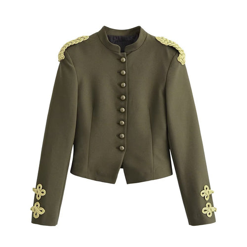 Damen taillierte militärische Kurzjacke mit Stehkragen, Epauletten und verzierten Zierknoten Nord Taschen