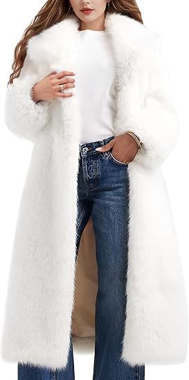 Damen Eleganter Maxi-Kunstpelz-Mantel mit weitem Schalkragen und geradem Schnitt Nord Taschen