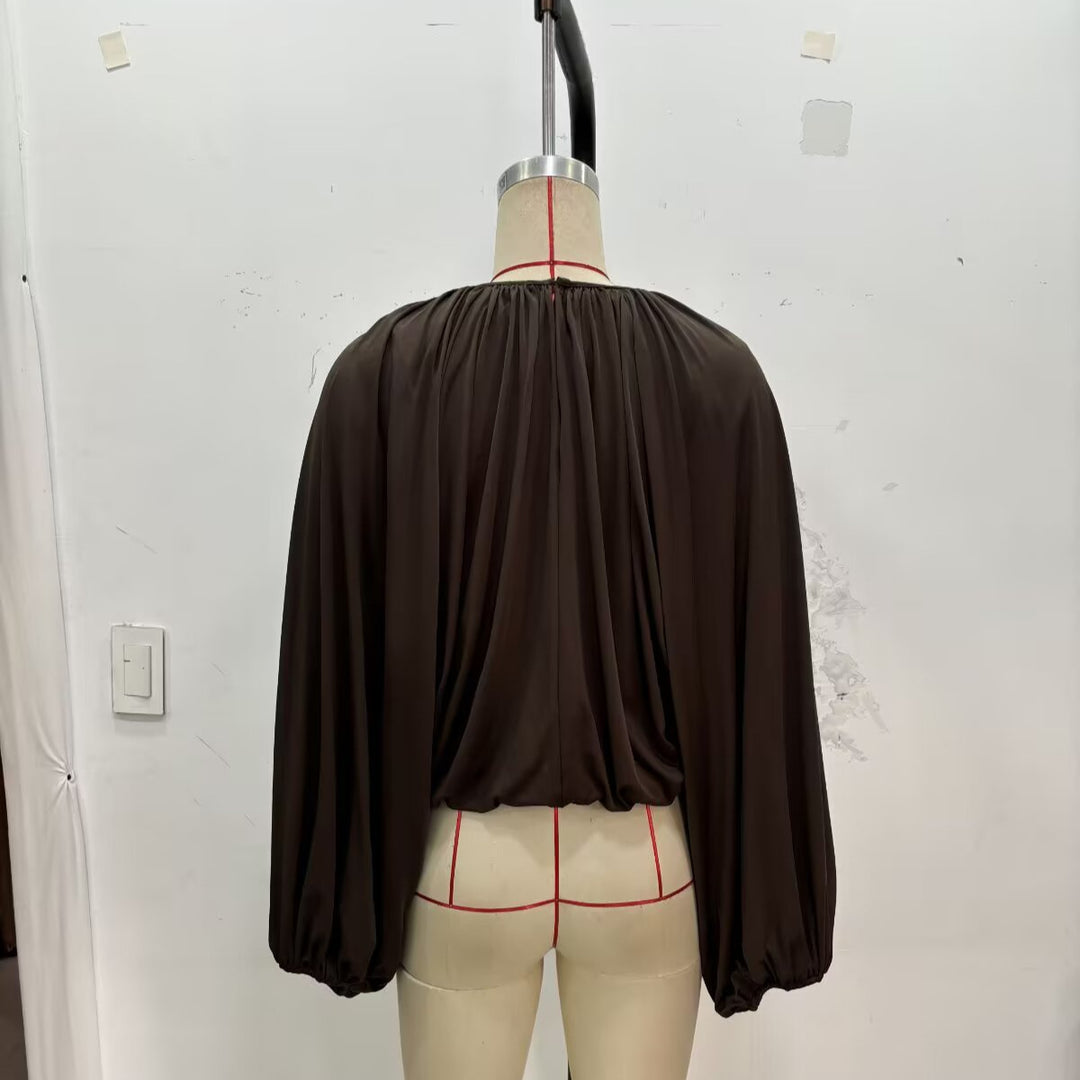 Damen Plissiertes Oversize-Blusenshirt mit weiten Ballonärmeln Nord Taschen