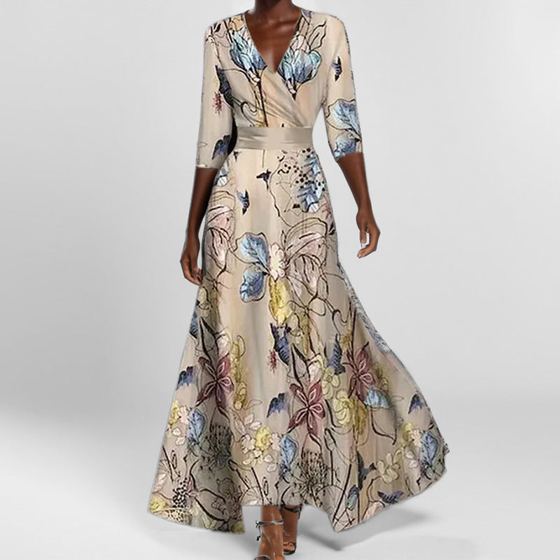 Elegantes V-Ausschnitt Bedrucktes Taillenkleid mit Schößchen