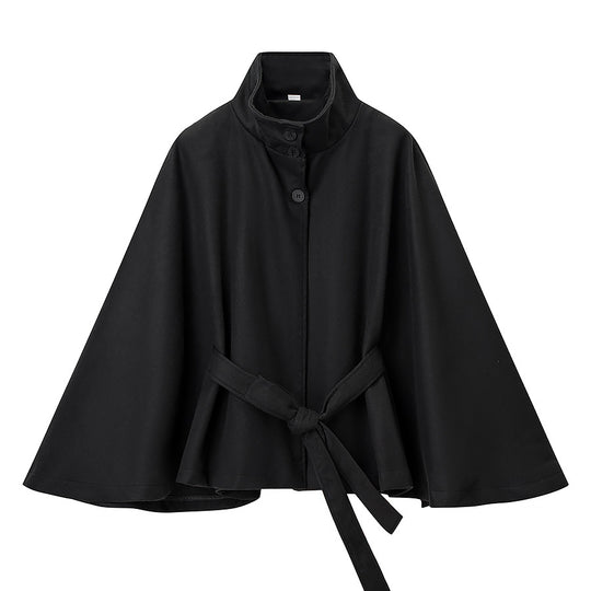 Damen Kurzcape mit Stehkragen, verdeckter Knopfleiste und Taillenbindegürtel Nord Taschen