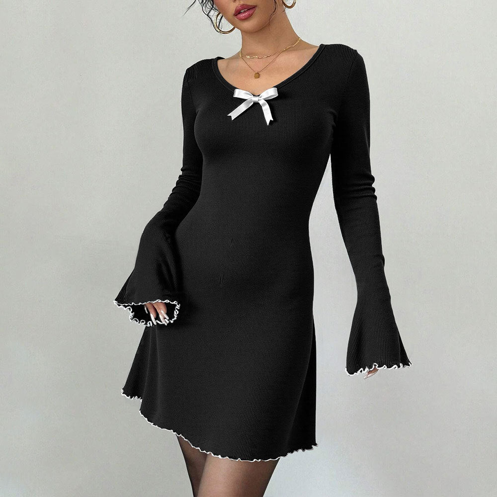 Damen geripptes Minikleid mit Trompetenärmeln, Zierschleife am Dekolleté und welligem Saum Nord Taschen