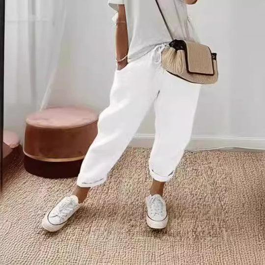 Damen Leinen-Joggerhose mit Kordelzug, lockerer Tapered-Schnitt und gekrempelten Säumen Nord Taschen