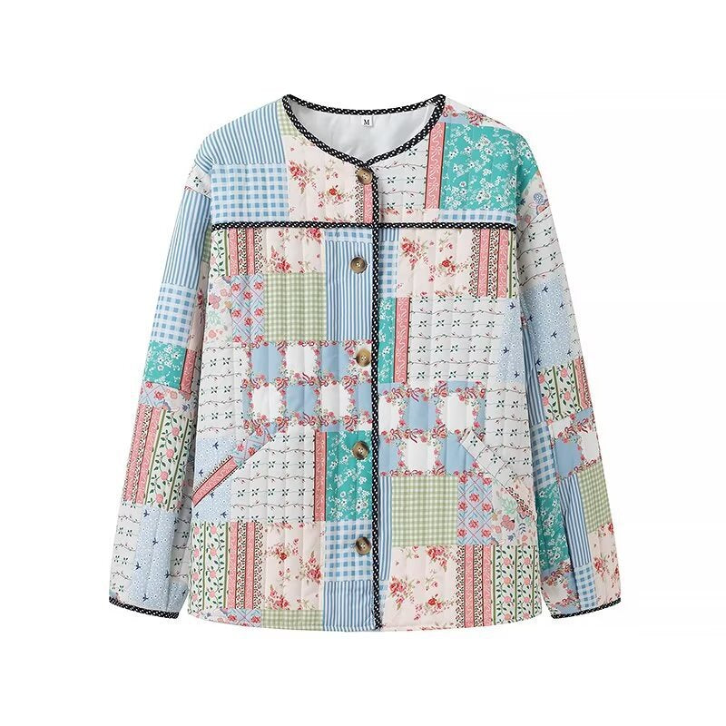 Damen gesteppte Patchwork-Quiltjacke mit Rundhalsausschnitt, Zierborte und Frontknöpfen Nord Taschen