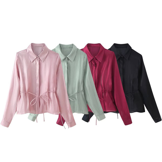 Damen Seidenähnliche Bluse mit Taillen-Zugband und verdeckter Knopfleiste Nord Taschen