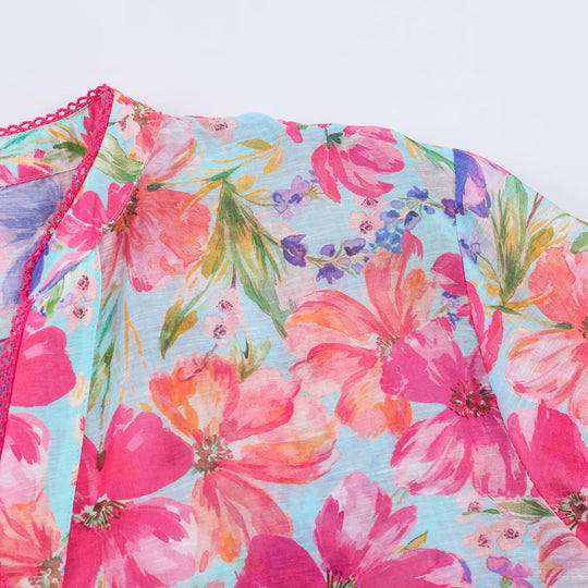 Damen Leichte Blumenbluse mit Stehkragen und dreiviertel Glockenärmeln Nord Taschen