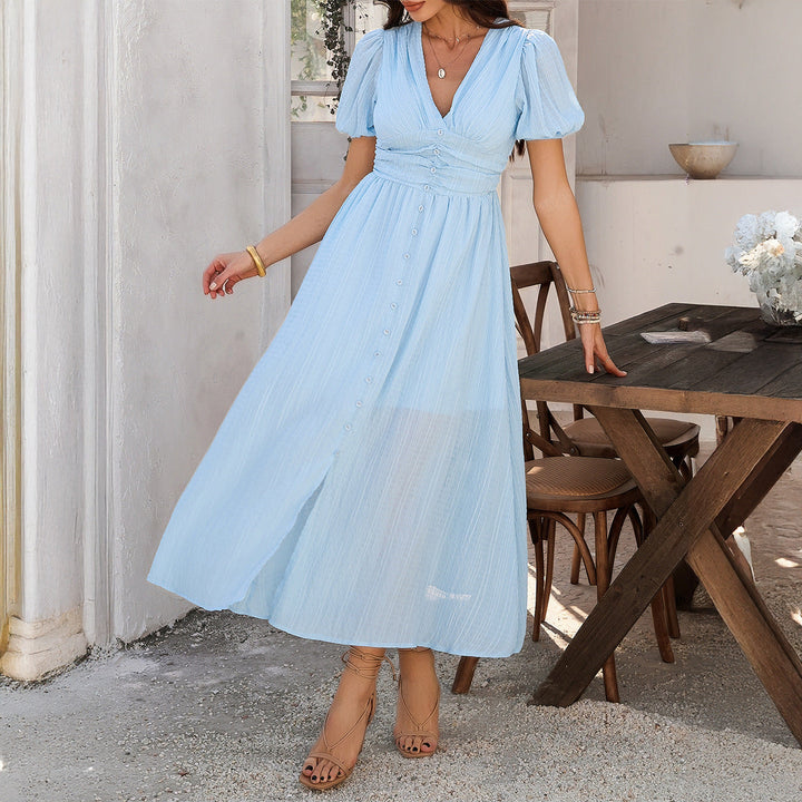 Damen Maxikleid mit V-Ausschnitt und luftigen Puffärmeln