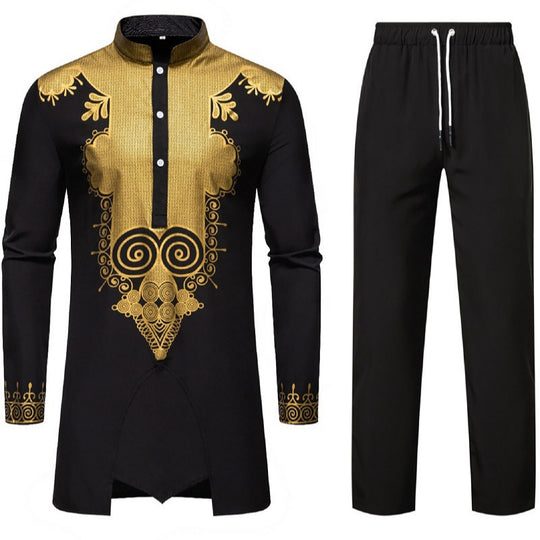 Herren Traditionelles Tunika-Set mit Mandarinkragen und goldverzierten Ornamenten Nord Taschen
