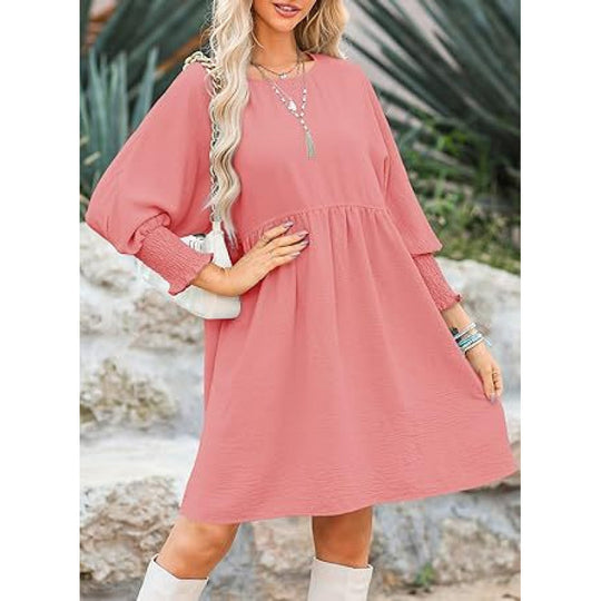 Damen Lockeres Babydoll-Kleid mit Ballonärmeln und geraffter Taille Nord Taschen