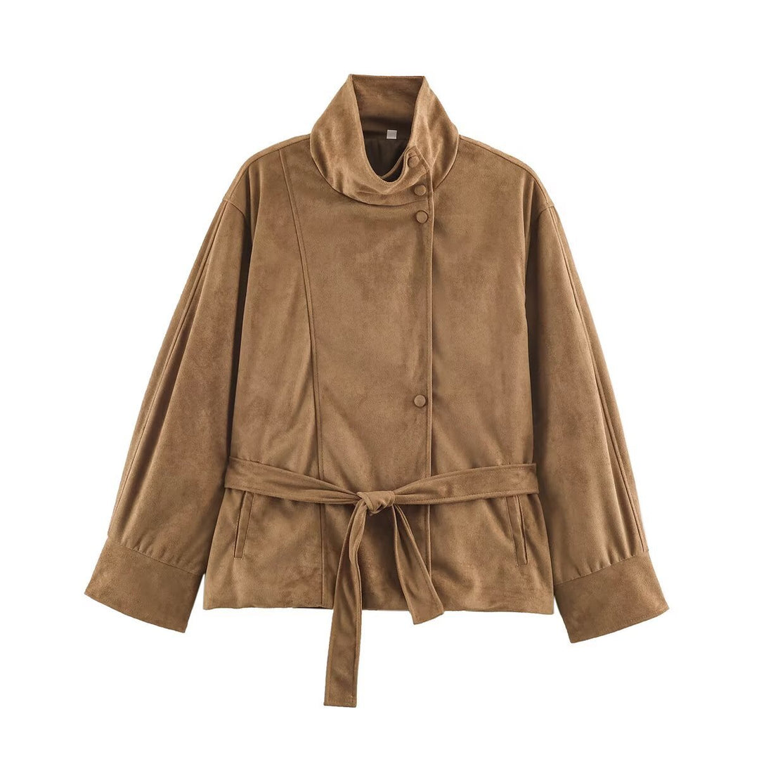 Damen Boxy-Wickeljacke in Veloursoptik mit hohem Stehkragen und Bindegürtel Nord Taschen