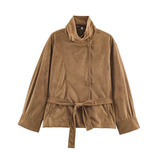 Damen Boxy-Wickeljacke in Veloursoptik mit hohem Stehkragen und Bindegürtel Nord Taschen