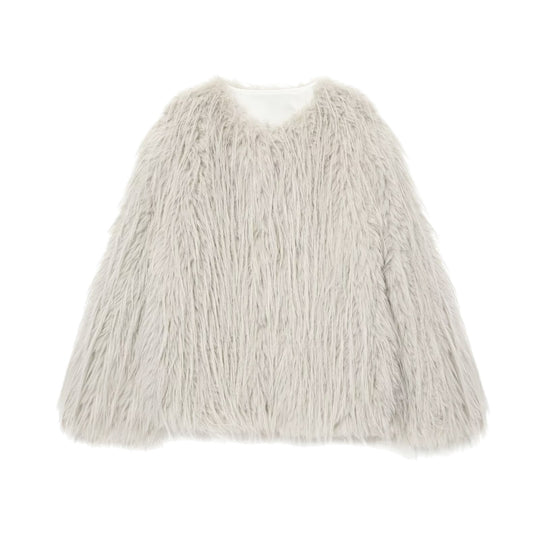 Damen Faux-Fur-Pelzjacke mit langem Shaggy-Fell und Rundhalsausschnitt Nord Taschen
