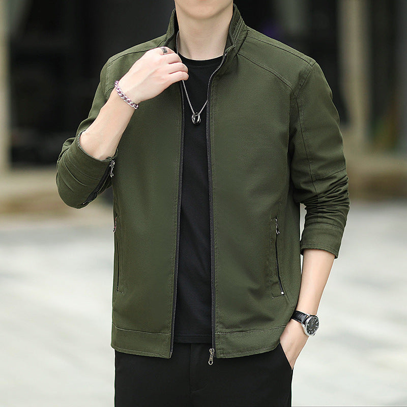 Herren Minimalistische Utility-Übergangsjacke aus Baumwoll-Canvas mit Stehkragen und Reißverschlusstaschen Nord Taschen