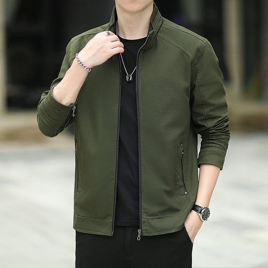 Herren Minimalistische Utility-Übergangsjacke aus Baumwoll-Canvas mit Stehkragen und Reißverschlusstaschen Nord Taschen