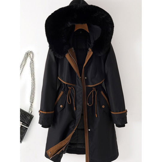 Damen nan langer Parka mit Kunstfellkapuze Taillenzug und kontrastierten Paspeln Nord Taschen