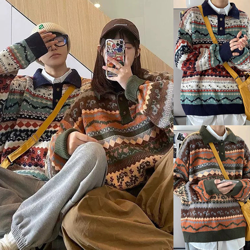 Damen Gemütlicher Strickpullover im ethnischen Muster Nord Taschen