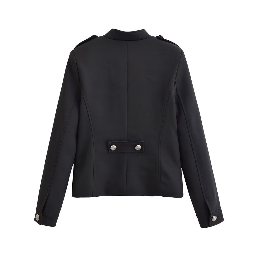 Damen Kurzer Stehkragen-Blazer mit doppelter Zierknopfleiste und Epauletten Nord Taschen