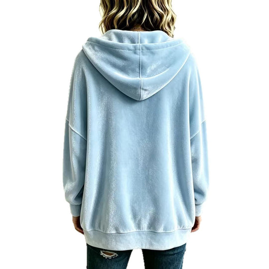 Damen Oversize Kapuzen-Samtjacke mit Knopfleiste und aufgesetzten Taschen Nord Taschen