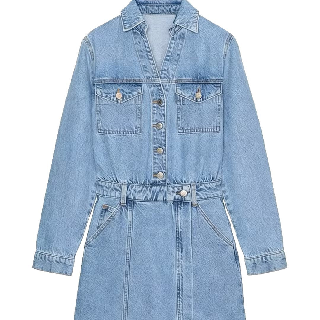 Damen Tailliertes Jeans-Minikleid mit Hemdkragen, aufgesetzten Brusttaschen und dekorativer Knopfleiste Nord Taschen