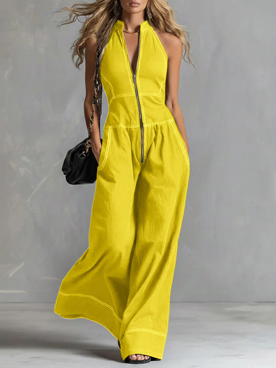 Damen Ärmelloser Halter-Jumpsuit mit Reißverschluss, weitem Bein und Eingrifftaschen Nord Taschen