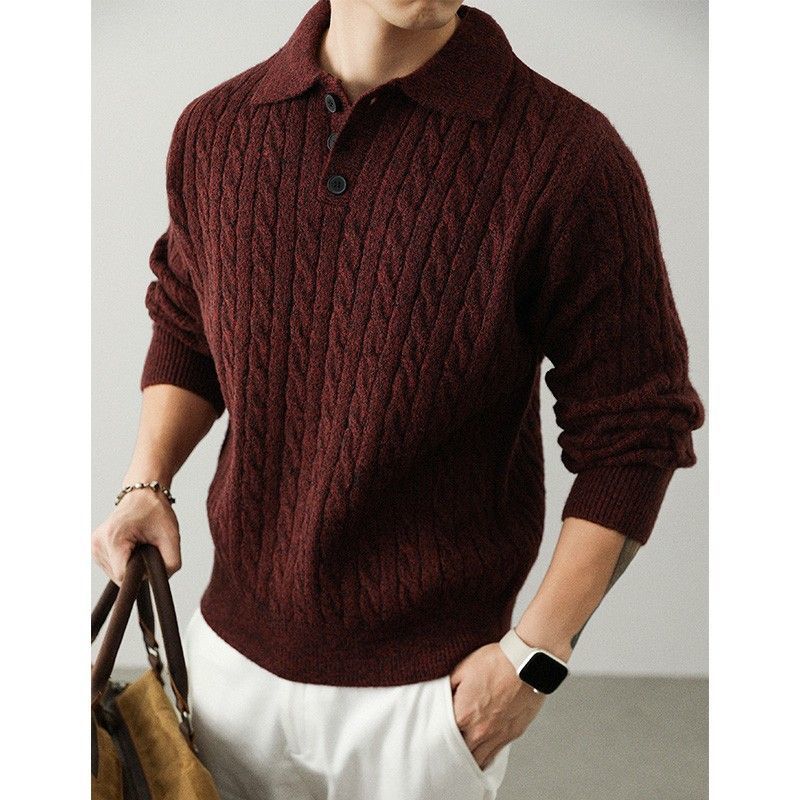 Herren Gemütlicher Grobstrickpullover mit Knopfleiste Nord Taschen