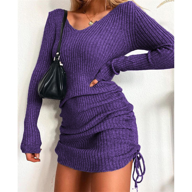 Damen Figurbetontes Rippstrick-Minikleid mit langen Ärmeln und seitlicher Raffung Nord Taschen
