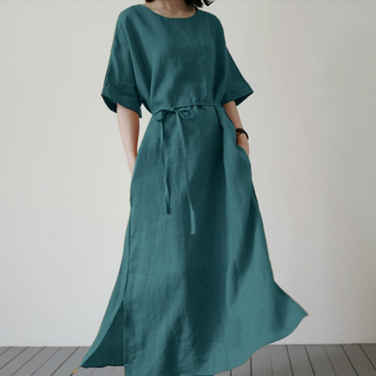 Damen Leinenmaxikleid mit weit geschnittenen Ärmeln und Taillengürtel