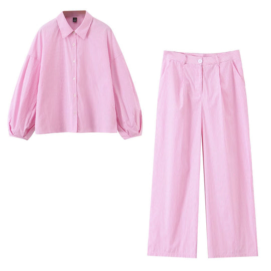 Damen Zweiteiliges gestreiftes Set mit Oversize-Hemd und High‑Waist-Plazzohose Nord Taschen