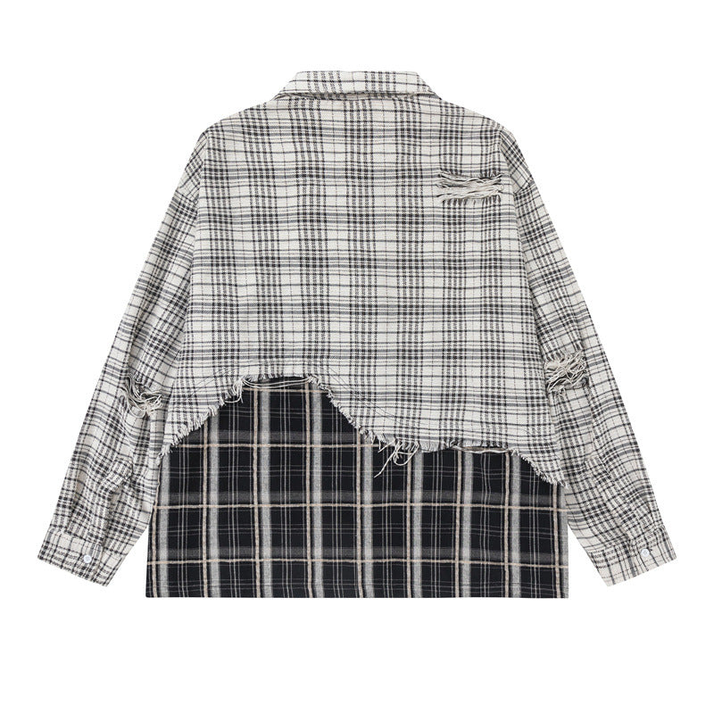 Unisex Oversize-Hemdjacke mit Lagenlook, ausgefranstem Saum und Karomix Nord Taschen