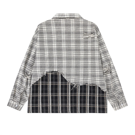 Unisex Oversize-Hemdjacke mit Lagenlook, ausgefranstem Saum und Karomix Nord Taschen