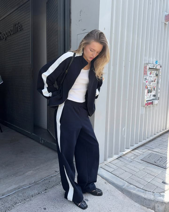 Damen gekürztes Zip-Hoodie mit elastischem Saum und hochgeschnittener High-Waist-Lounge-Jogginghose aus softem French-Terry Nord Taschen