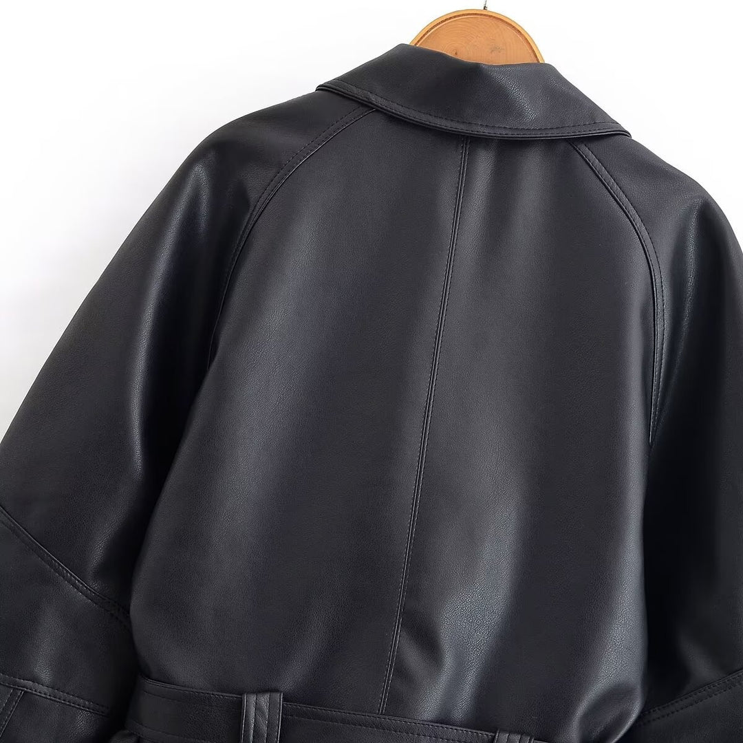 Damen Cropped-Lederoptik-Blouson mit Wickelgürtel, Oversize-Ärmeln und markanten Ziernähten Nord Taschen