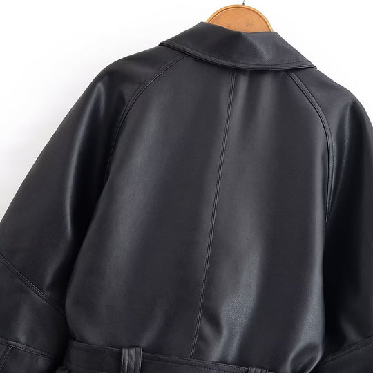 Damen Cropped-Lederoptik-Blouson mit Wickelgürtel, Oversize-Ärmeln und markanten Ziernähten Nord Taschen