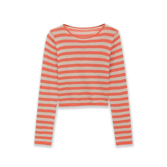 Damen Gestreifter Cropped Feinstrickpullover mit Rundhalsausschnitt Nord Taschen