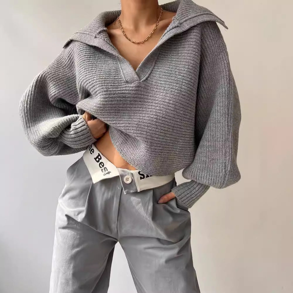 Damen Oversize Rippsweater mit Reverskragen und tiefem V‑Ausschnitt Nord Taschen