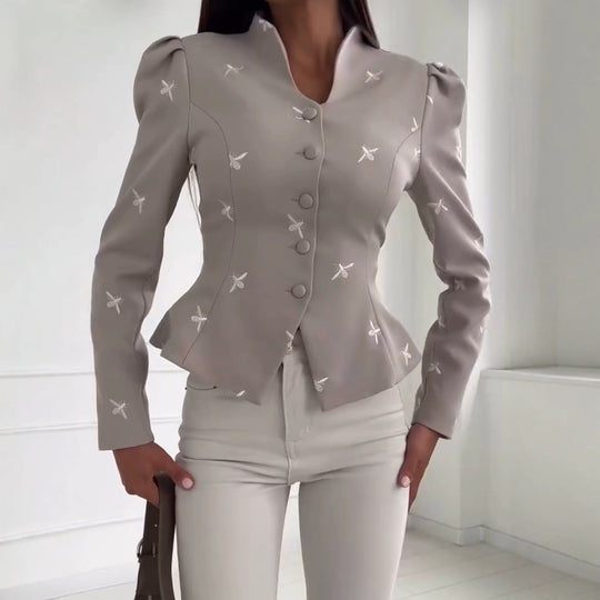 Damen Taillierter Peplum‑Blazer mit geschwungenem Stehkragen und Puffschulter‑Details Nord Taschen