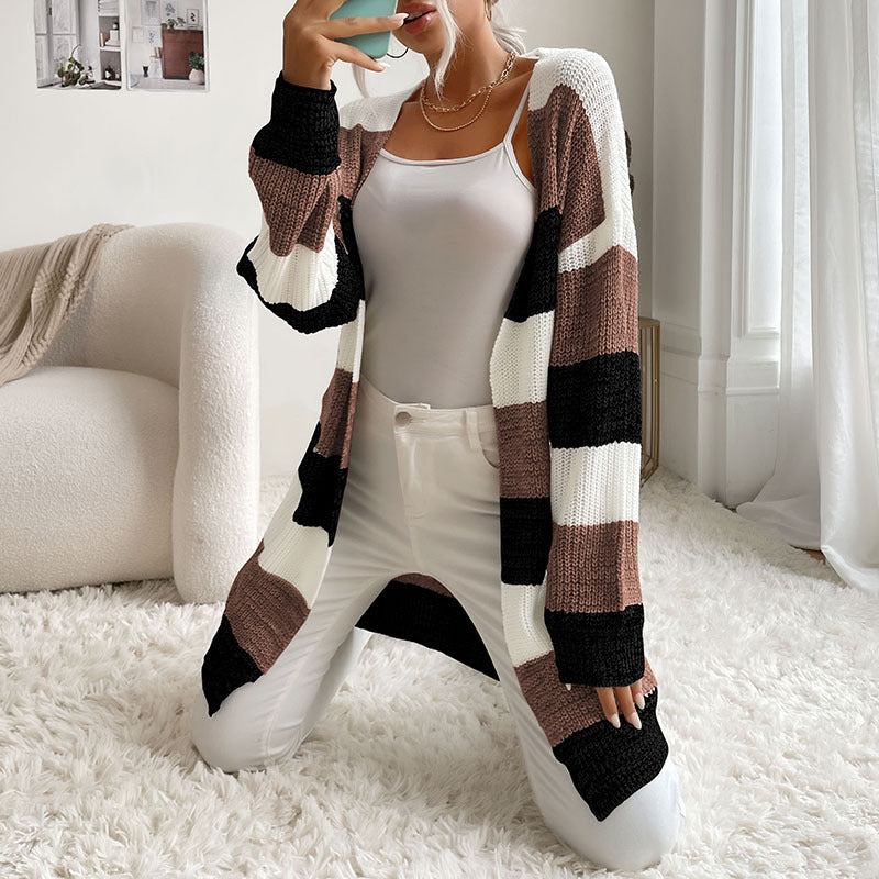 Damen Longline Strickcardigan mit breiten Blockstreifen, offener Front und überschnittener Schulter Nord Taschen