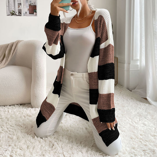 Damen Longline Strickcardigan mit breiten Blockstreifen, offener Front und überschnittener Schulter Nord Taschen