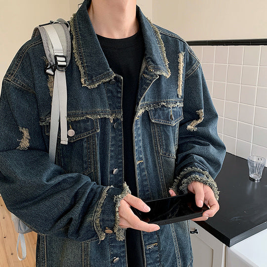 Herren Oversize Jeansjacke mit Used‑Look, ausgefransten Kanten und Druckknöpfen Nord Taschen