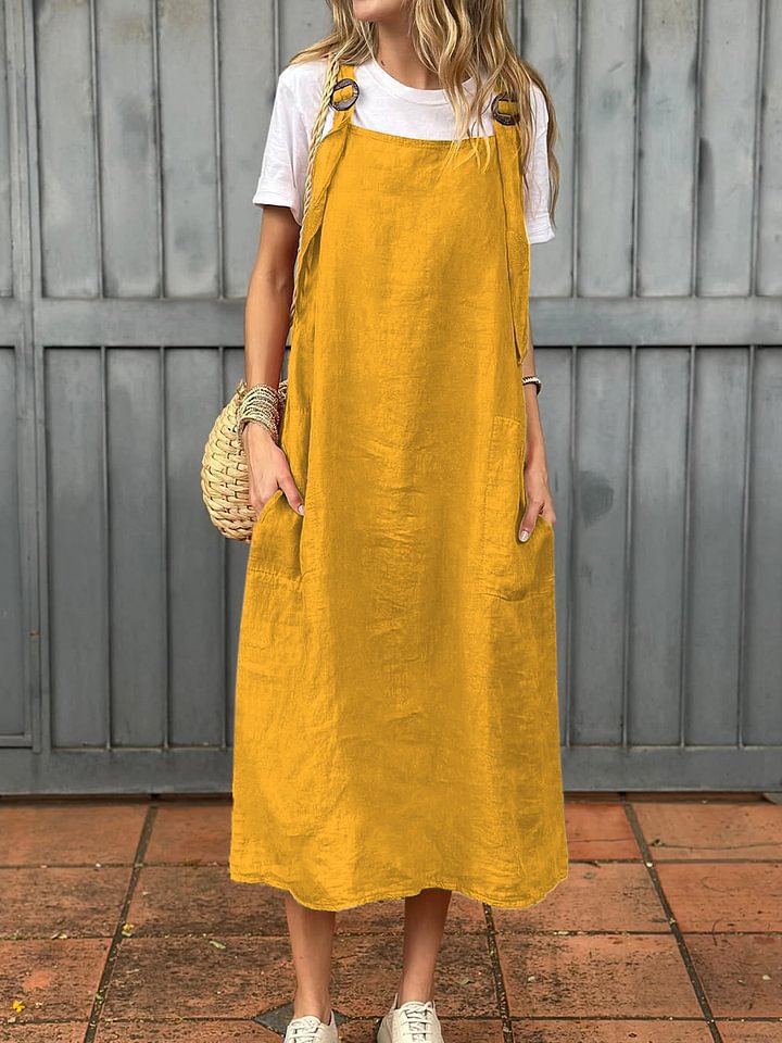 Damen Lässiges Leinen-Latzkleid mit praktischen Seitentaschen und verstellbaren Trägern Nord Taschen