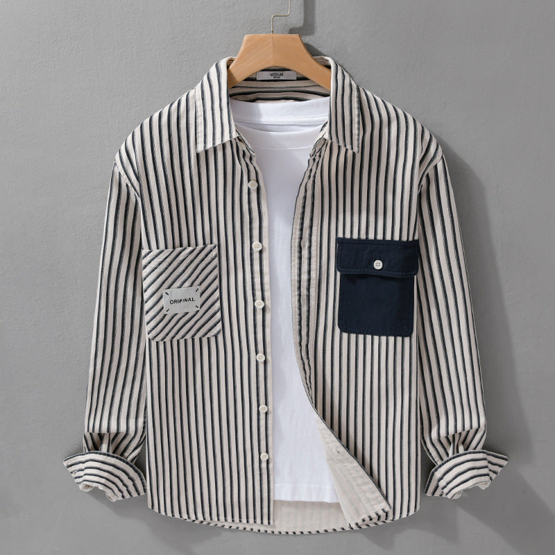 Herren Gestreiftes Overshirt mit Kontrast-Brusttaschen und Kentkragen aus Baumwollmix Nord Taschen