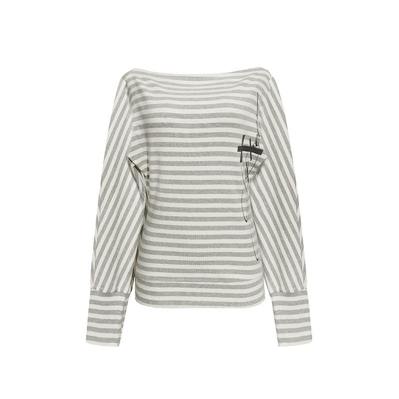 Damen Figurbetontes Streifen-Langarmshirt mit weitem Boot-Ausschnitt und verkürzten Fledermausärmeln Nord Taschen