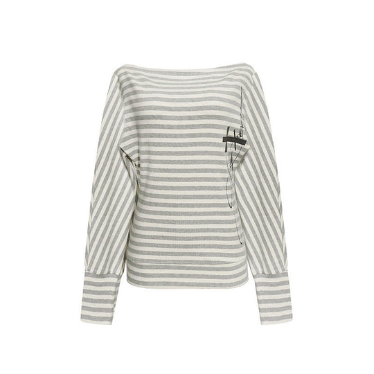 Damen Figurbetontes Streifen-Langarmshirt mit weitem Boot-Ausschnitt und verkürzten Fledermausärmeln Nord Taschen