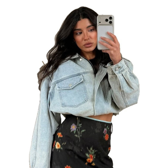 Damen Cropped-Denimjacke mit Tunnelzug, kastiger Oversize-Silhouette & Pattentaschen Nord Taschen
