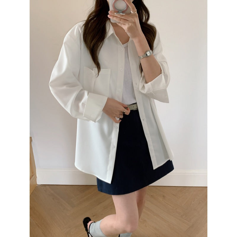 Damen Oversized Hemdbluse aus fließendem Material mit Brusttasche Nord Taschen