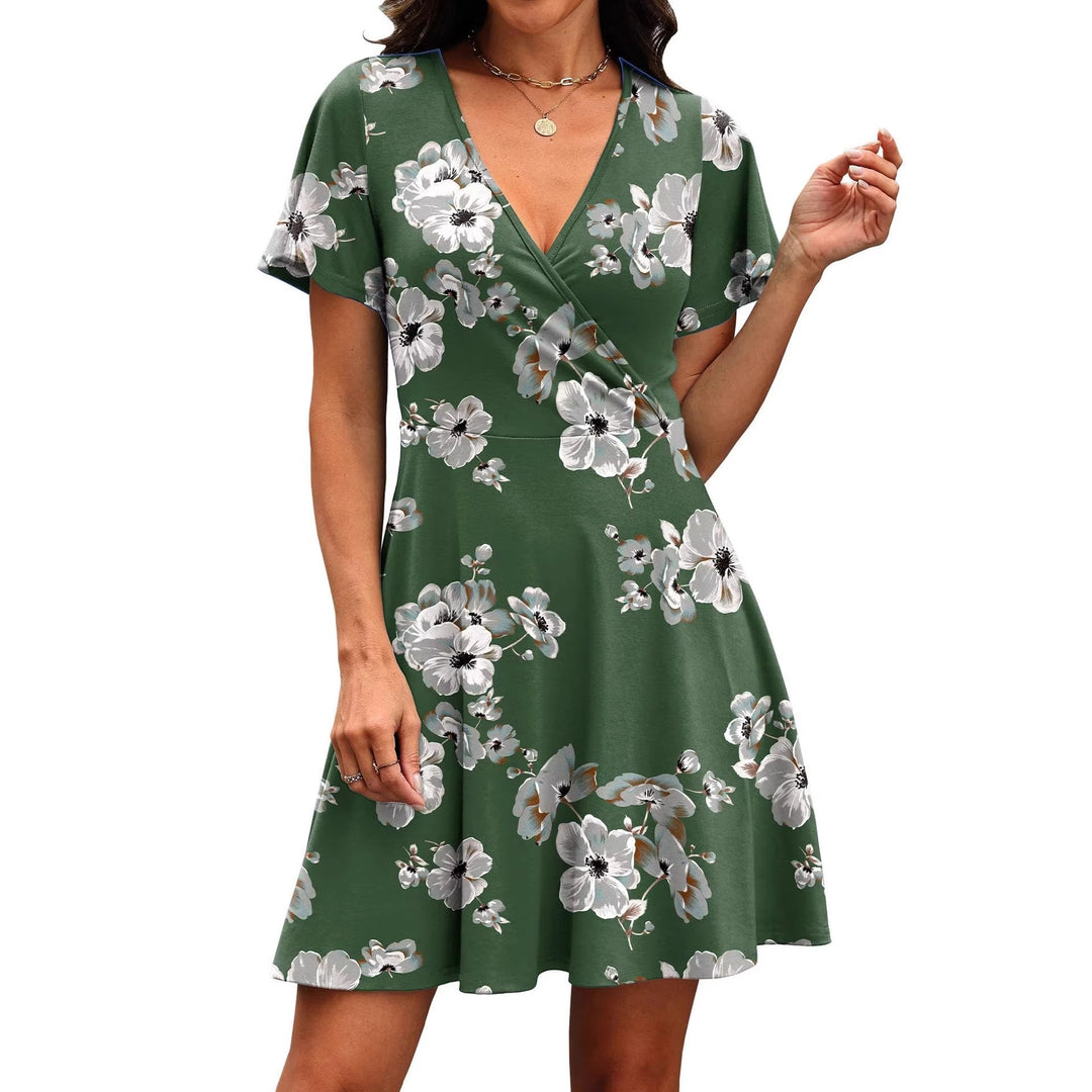 Damen Kurzärmeliges Wickelkleid mit floralen Mustern und V-Ausschnitt