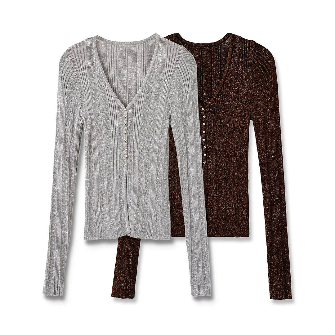 Damen Figurbetonter gerippter Feinstrick-Cardigan mit V‑Ausschnitt, Glanzfaden und Zierknopfleiste Nord Taschen